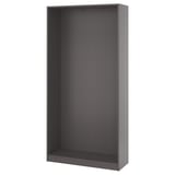 An IKEA PAX wardrobe frame, grey, rectangular, with open structure, ready for assembly.