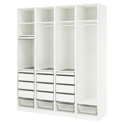 IKEA PAX: white, 4-section closet, open style, glass shelves, cloth hangers, pull-out trays.