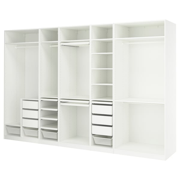 White IKEA PAX wardrobe with shelves, drawers, and hanging space.