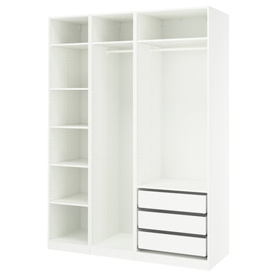 White PAX closet: 3 sections, 2 shelves, 1 drawer, wall-mounted.