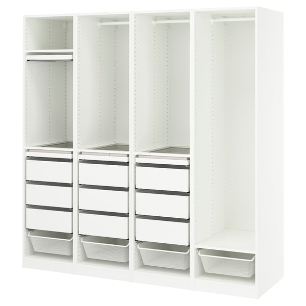A white PAX wardrobe with adjustable shelves, hanging rails, and drawers. It includes mesh baskets and an insert for jewellery.