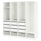 A white PAX wardrobe with adjustable shelves, hanging rails, and drawers. It includes mesh baskets and an insert for jewellery.