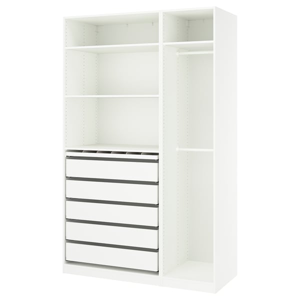 A white, modern PAX wardrobe with adjustable shelves and drawers designed for efficient organisation.