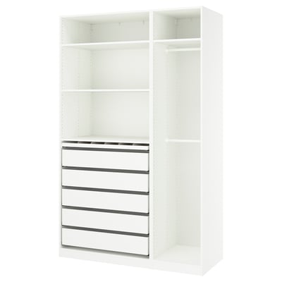 A white, modern PAX wardrobe with adjustable shelves and drawers designed for efficient organisation.