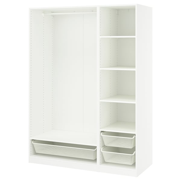 A white IKEA PAX wardrobe with hanging and shelf space, featuring mesh storage baskets.