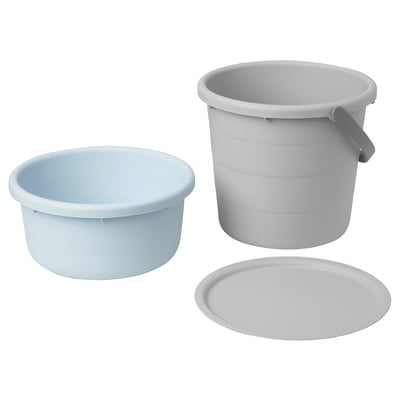 Three plastic buckets: two light blue, one grey, round with handles.
