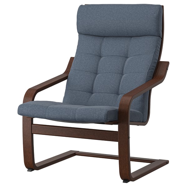 A poang armchair in blue fabric with a brown wooden frame, featuring a high back for neck support and tufted cushion design.
