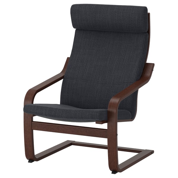 POÄNG armchair, dark grey, curved wooden frame, plush cushions, sleek & stylish design.