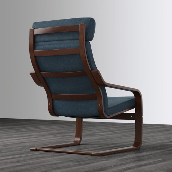POÄNG chair with dark brown frame, teal cushions, curved back support, designed for comfort and relaxation.