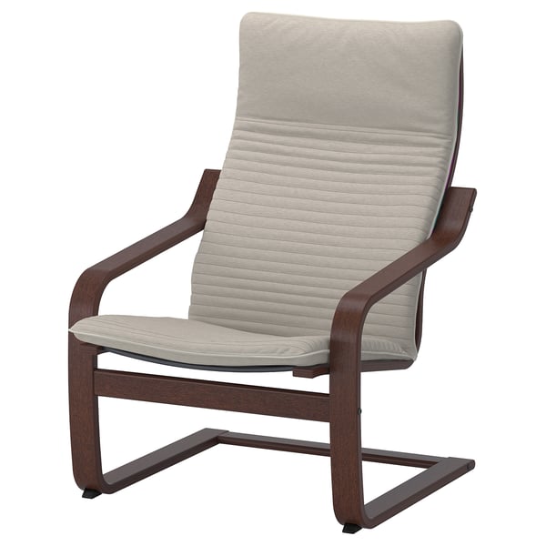 POÄNG armchair, beige, wooden frame, curved backrest, comfortable.