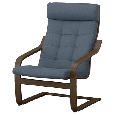 POÄNG chair, blue fabric, wooden frame, high back, curved lines.