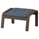 IKEA POÄNG footstool: blue cushioned seat, wooden frame, curved legs.