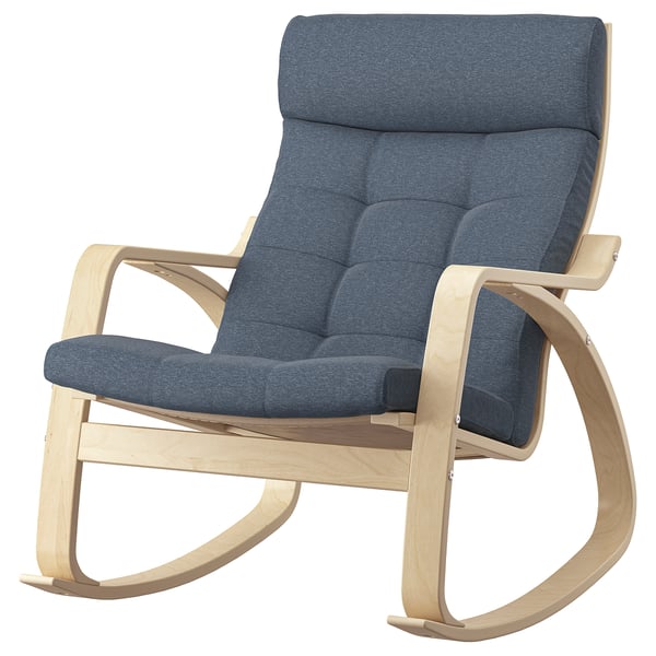 A POÄNG rocking chair with a light blue cushion and wooden frame. It has curved, supportive lines and a tufted cushion, designed for relaxation.