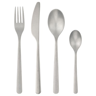 Modern cutlery set: fork, knife, large spoon, small spoon. Stainless steel, matte finish. Elegant, rustic design.