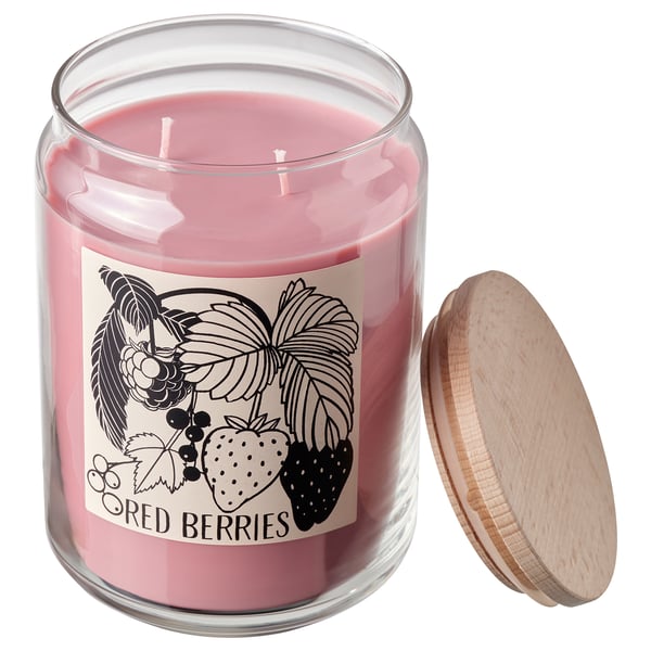 PRAKTHÄGER Scented cndl in glass w lid/2 wicks, Red berries light pink, 100 hr