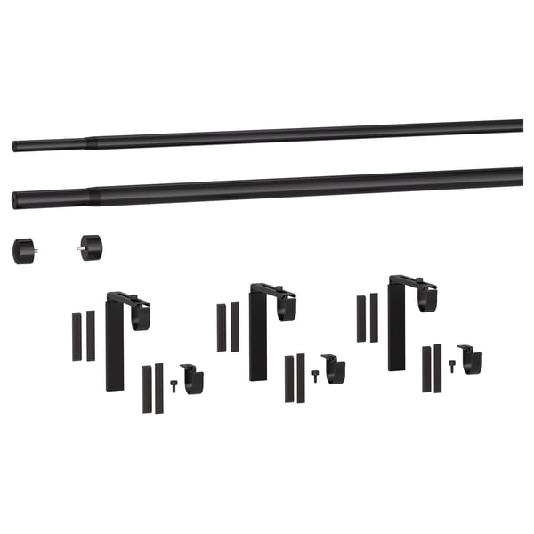 Black RÄCKA curtain rod kit; includes rods, brackets, and finials for customizable curtain solutions.