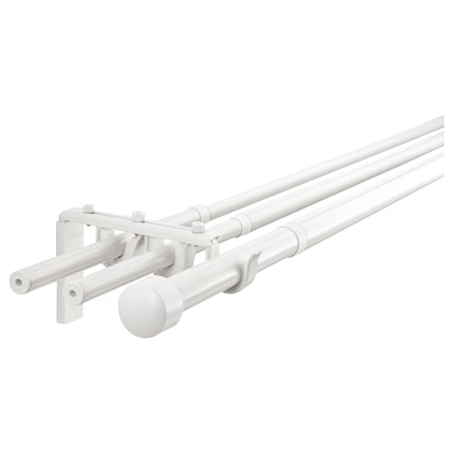 White racka curtain rod system. Triple bar setup, holds multiple layers of curtains. Adjustable, modern design with round finials.