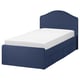 RAMNEFJÄLL blue bed, curved headboard, padded, easy-clean cover.