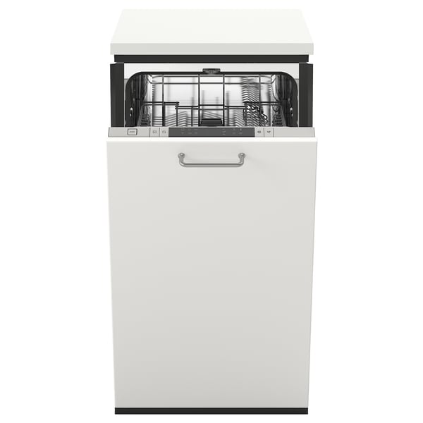 White compact dishwasher with adjustable racks, featuring a 5-year guarantee and various washing programmes. Ideal for small spaces.