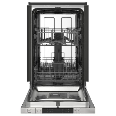 Open stainless steel dishwasher, RANSBERG model, with adjustable racks and control panel.