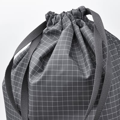 Grey recycled fabric bag with drawstring, mesh sides, grid pattern, quality travel organiser.