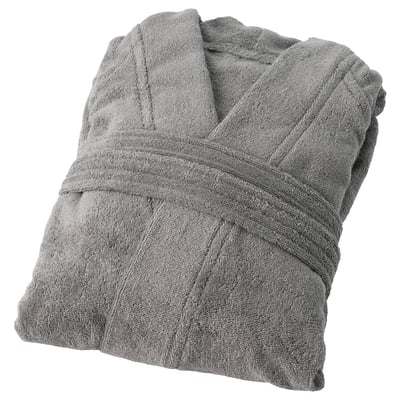 Grey cotton ROCKÅN bathrobe, folded neatly, featuring pockets and adjustable belt loops.