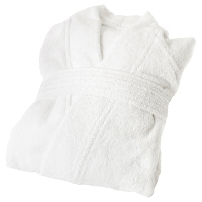 A white, hooded bathrobe, designed for comfort with terry fabric inside and out, side pockets, and adjustable belt loops.