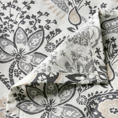 Floral printed bedsheet close-up, showcasing intricate, dark grey designs on a light background, highlighting fabric texture and craftsmanship.