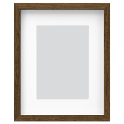 Outer wooden frame, inner white mat, empty picture frame, brown colour, rectangular shape.