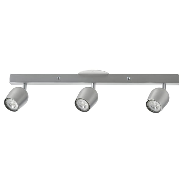 Silver ceiling spotlight, RÖKFRI, 3 adjustable lights on metal bar.