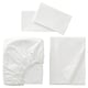 A set of white RÖNNVECKMAL bed linens including flat and fitted sheets, and pillowcases, made of cotton percale.