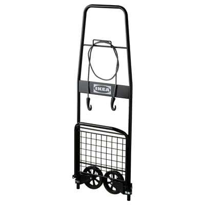 This is an ikea RULLEBÖR trolley in black, made of steel and plastic. It wheels and hooks for carrying large items.