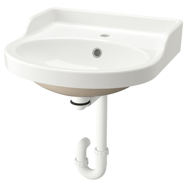 This image displays a white, semi-recessed ceramic washbasin with a raised backsplash and traditional design.