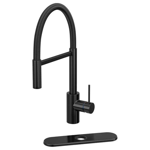 SALLSJÖN matte black kitchen tap with high-arc gooseneck, dual-spray pull-down spout.
