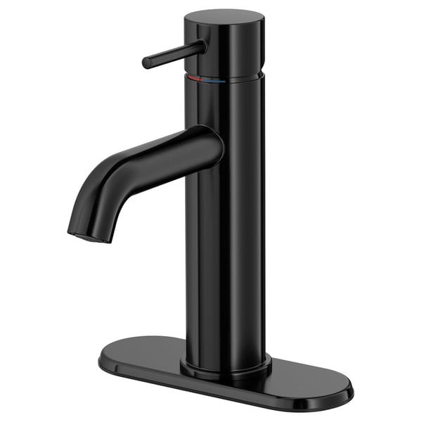 Black modern bathroom tap with single lever handle, sleek cylindrical body, and wide base plate.