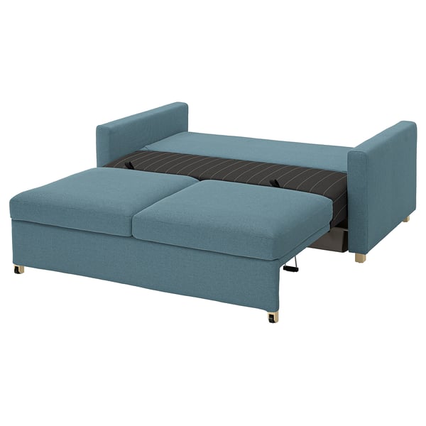 Blue convertible sofa-bed with wooden legs and cushioned seat/back.