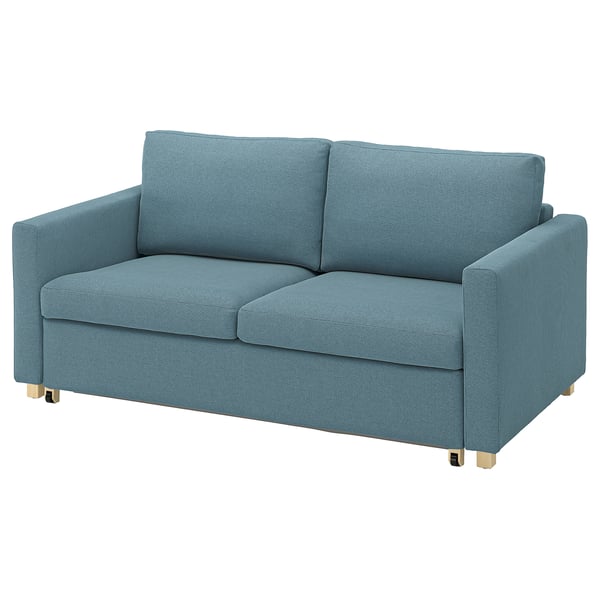 Blue SALTSJÖBADEN sofa-bed with removable, washable cover and solid wood legs.