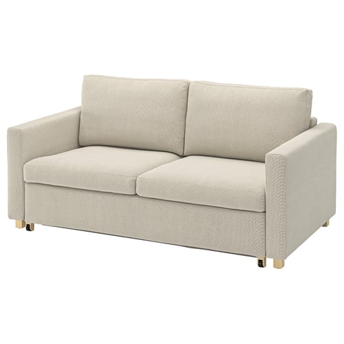 Modern beige sofa-bed with gold legs, minimalist design, upholstered in cotton-polyester fabric.