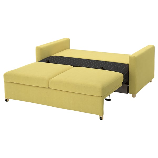 A lime green, modern sofa-bed with a rectangle shape and no visible legs. Its upholstered in a blend of recycled cotton and polyester fabrics.