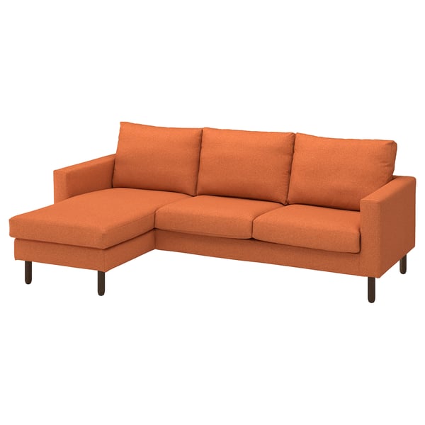 Bright orange l-shaped sofa with dark legs, comfy cushions, and removable cover.