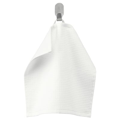 SALVIKEN white cotton towel with waffle and terry textures. Hangs on a hook, rectangular shape.
