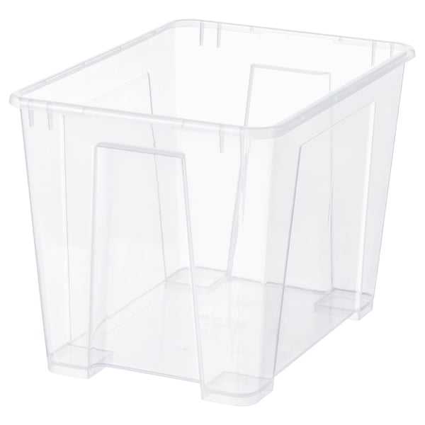A clear plastic SAMLA storage box, square-shaped and transparent, ideal for organising and storing various items.