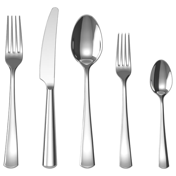 Five-piece silver stainless steel cutlery set, including fork, knife, spoon, tea spoon, and salad fork, laid neatly on a white background.