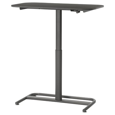 Black adjustable sit/stand table with metal base, 75-125 cm height range.