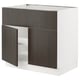 An ikea SEKTION kitchen cabinet with dark brown sinarp wood doors and a white frame.