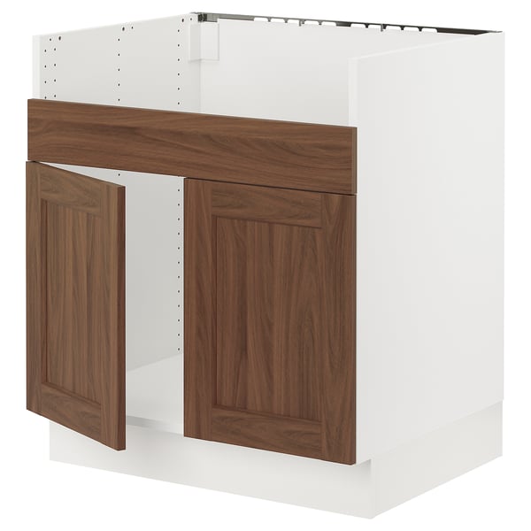 White SEKTION cabinet with walnut doors, classic style, sturdy frame.