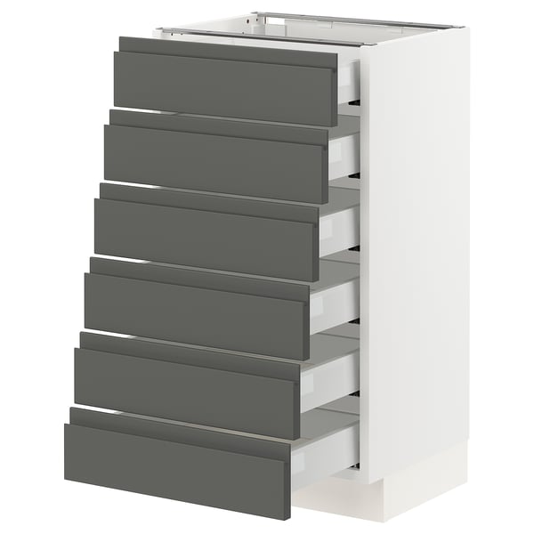 SEKTION kitchen unit, grey, modern, multiple drawers, white base.