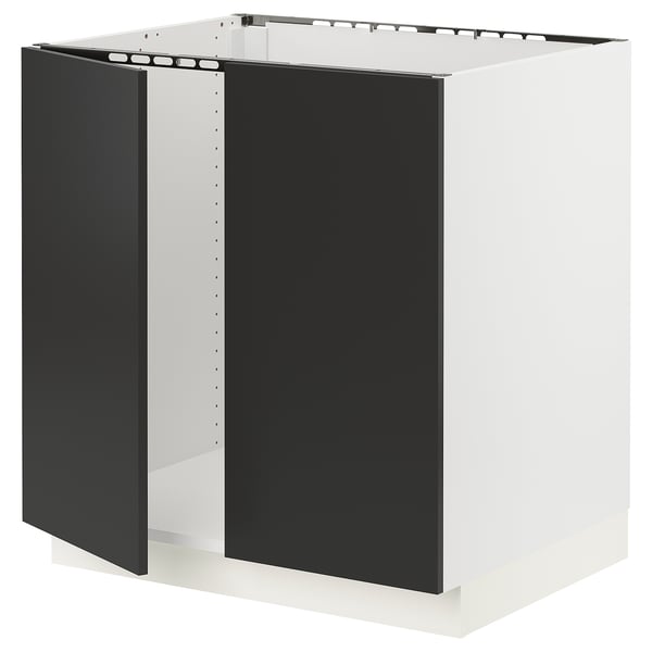 A modern, white ikea SEKTION kitchen cabinet with black matte doors, featuring a sleek, rectangular design and metal handles.
