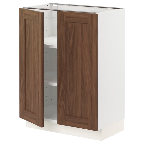 SEKTION kitchen cabinet, white base, dual wooden doors open, mid-toned wood, adjustable shelves.