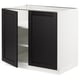 Black stained kitchen cabinet with two doors and an adjustable shelf.